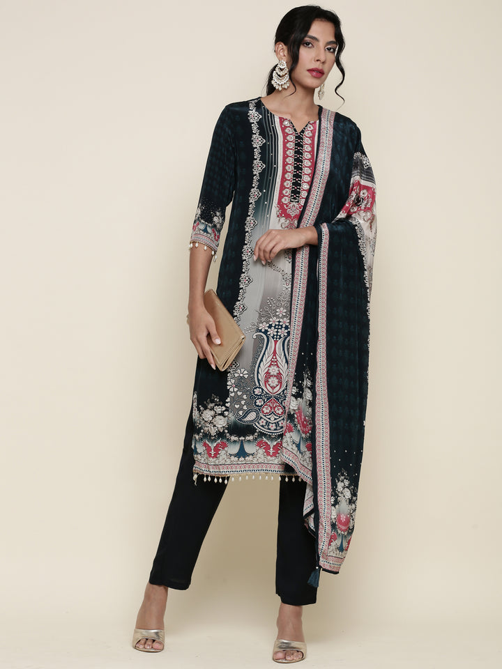 Deep Green Crepe Digital printed Three piece suit set