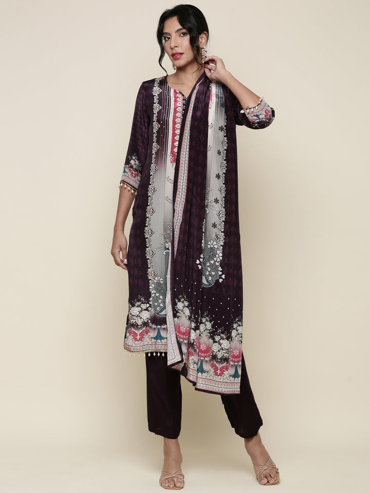 Deep wine Digital printed Three piece suit set