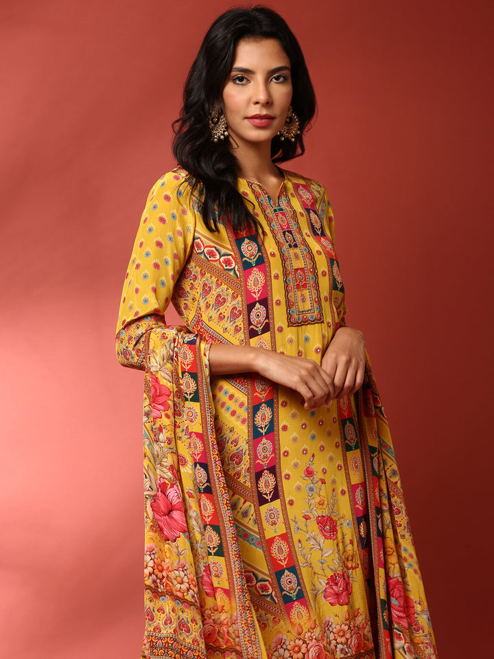 Yellow Digital printed crepe three piece suit set