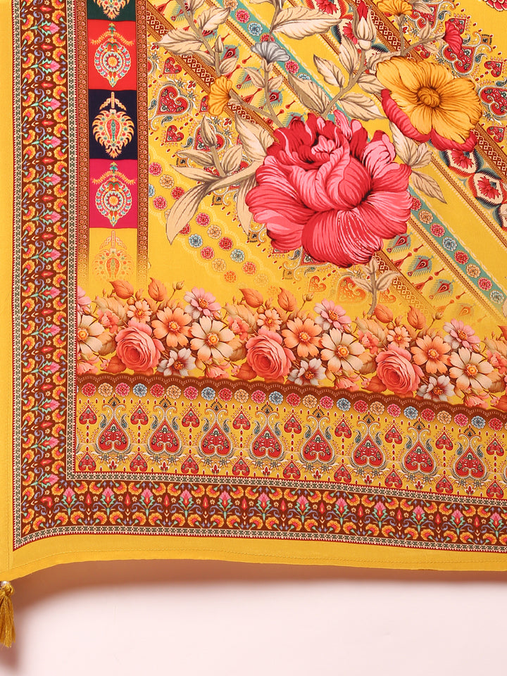 Yellow Digital printed crepe three piece suit set