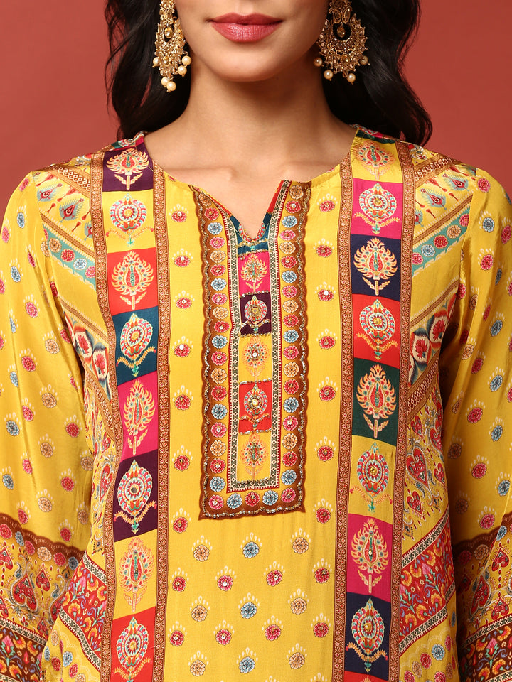 Yellow Digital printed crepe three piece suit set