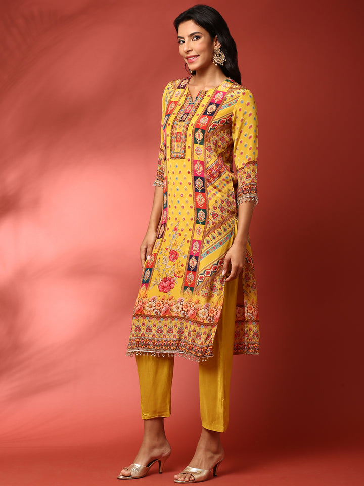 Yellow Digital printed crepe three piece suit set