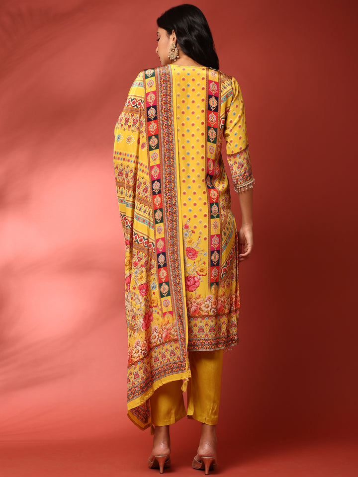 Yellow Digital printed crepe three piece suit set