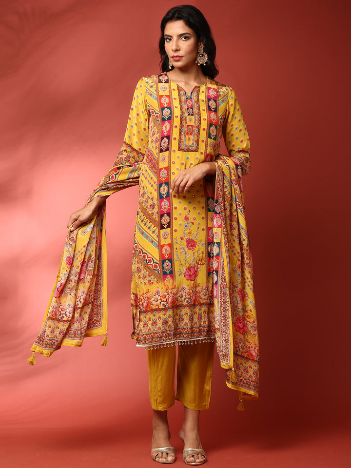 Yellow Digital printed crepe three piece suit set