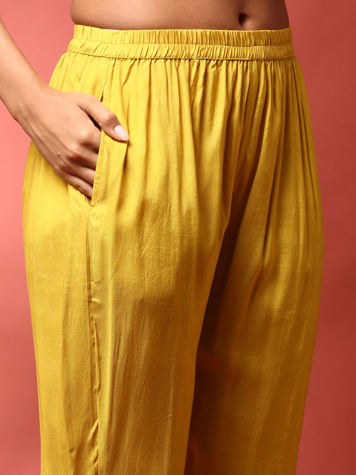 Yellow Digital printed crepe three piece suit set