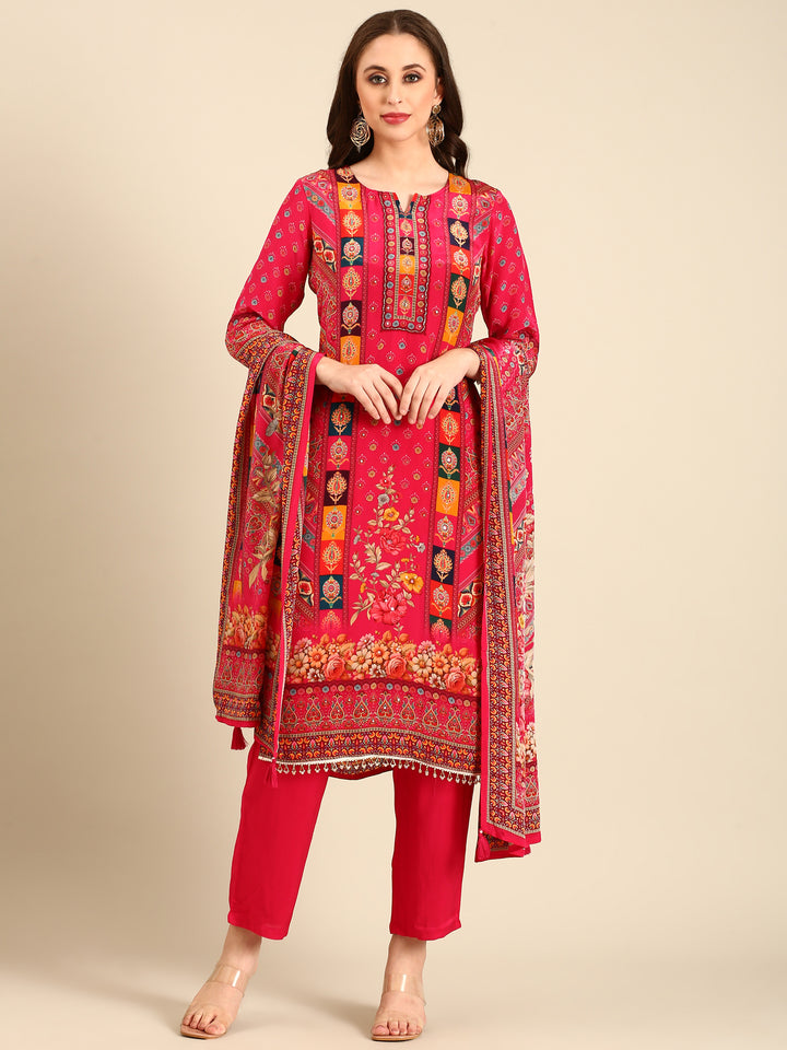 Pink Crepe Digital print three piece suit set