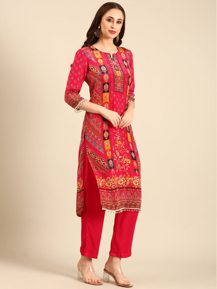 Pink Crepe Digital print three piece suit set