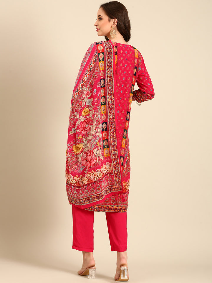 Pink Crepe Digital print three piece suit set