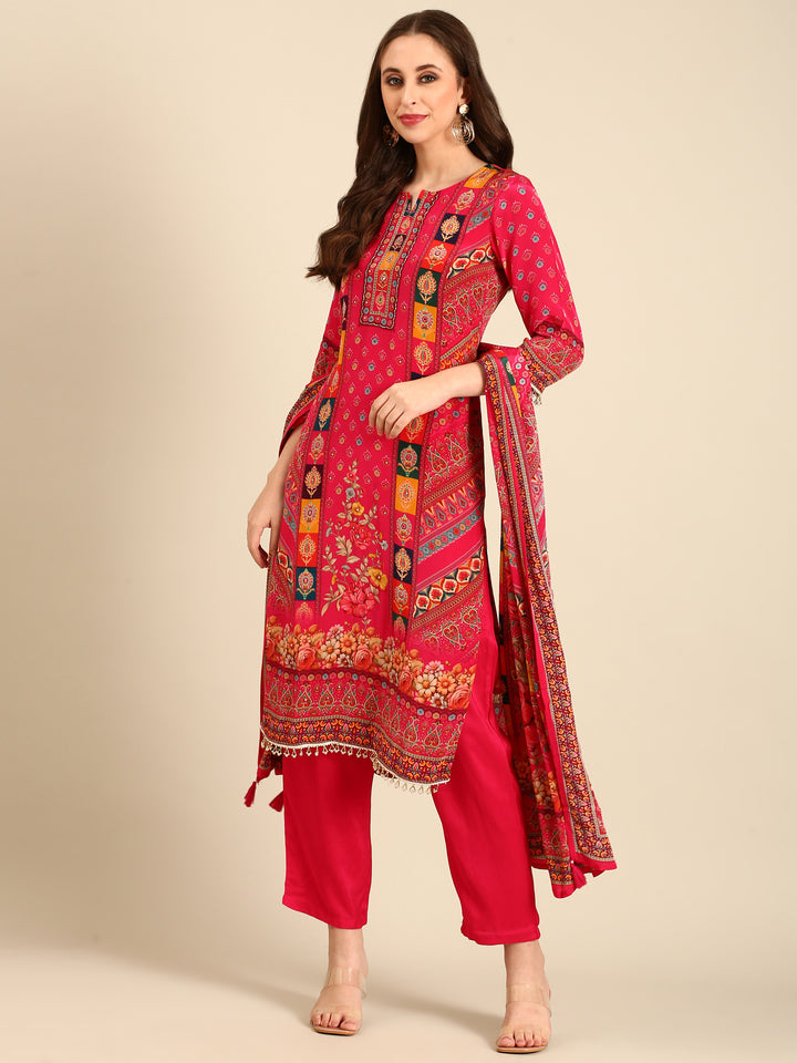 Pink Crepe Digital print three piece suit set