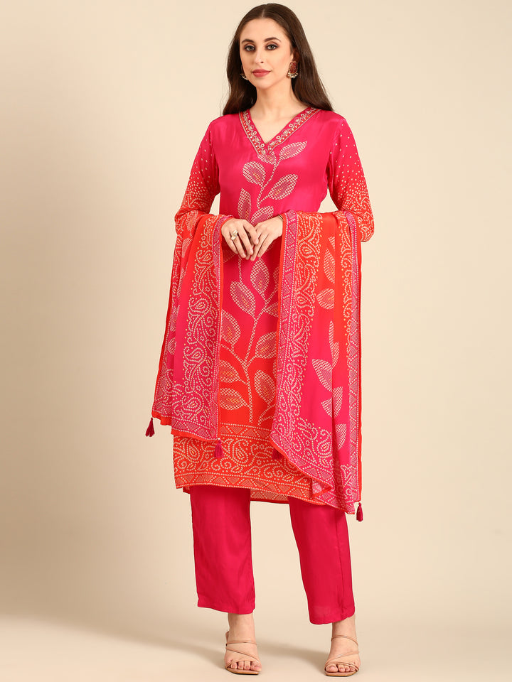 Red two colored crepe bandhani printed three piece suit set