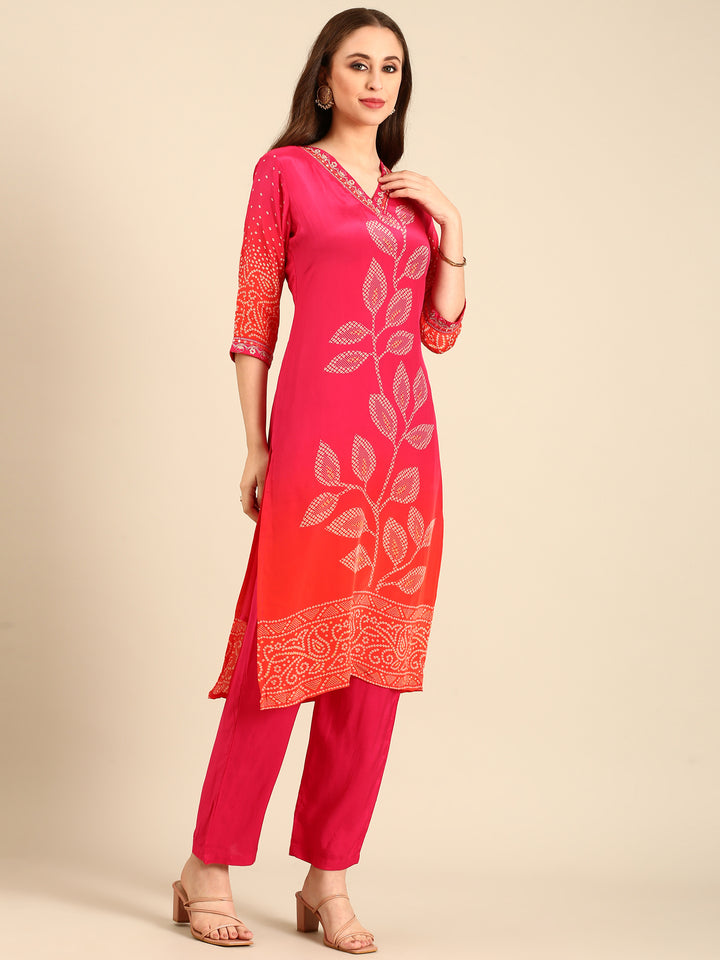 Red two colored crepe bandhani printed three piece suit set