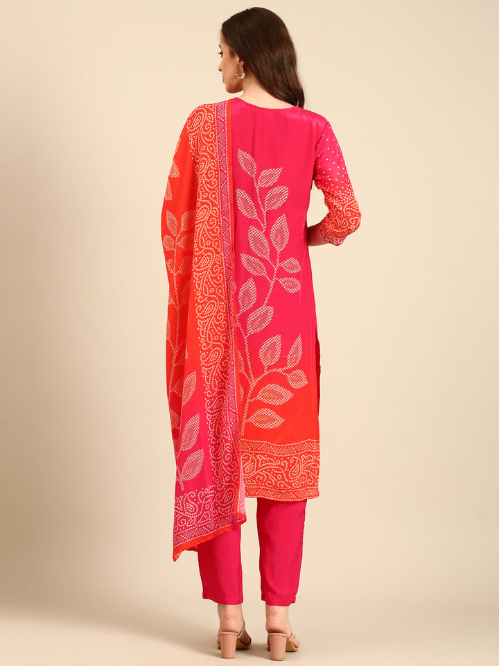 Red two colored crepe bandhani printed three piece suit set