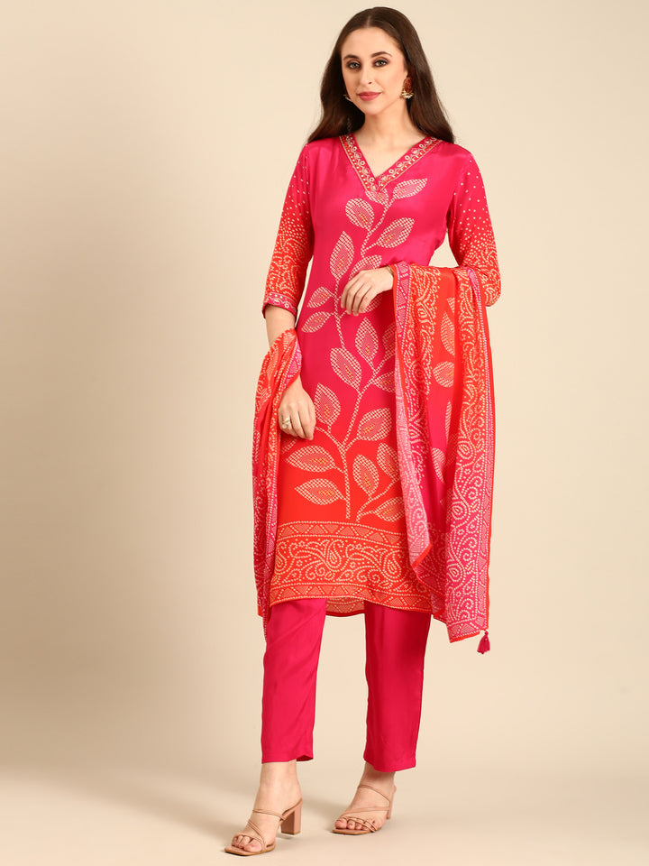 Red two colored crepe bandhani printed three piece suit set