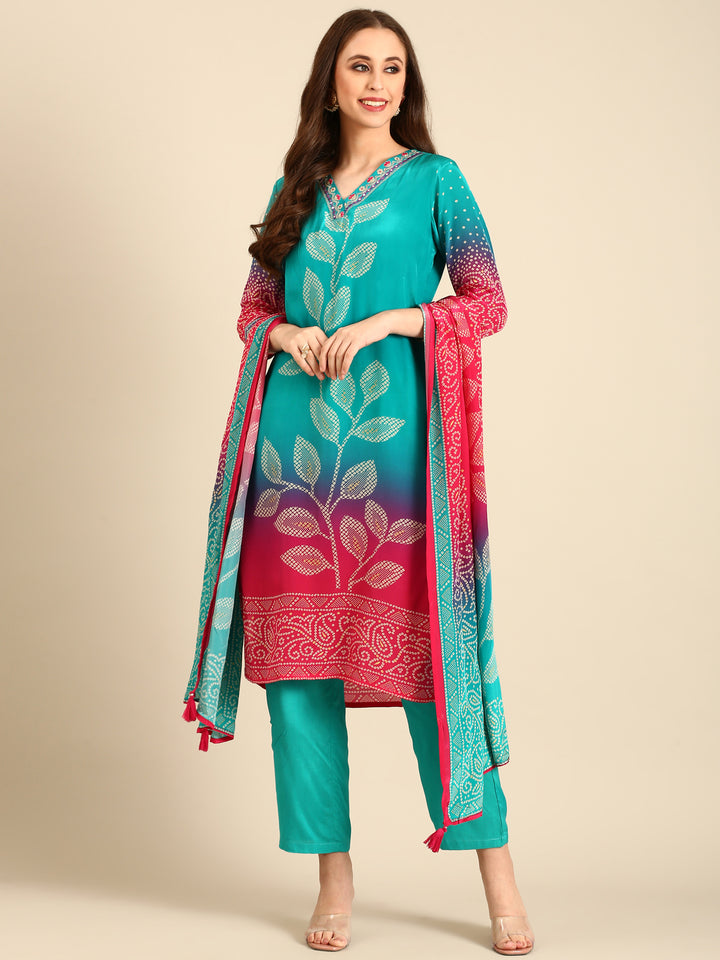 Green two colored crepe bandhani printed three piece suit set