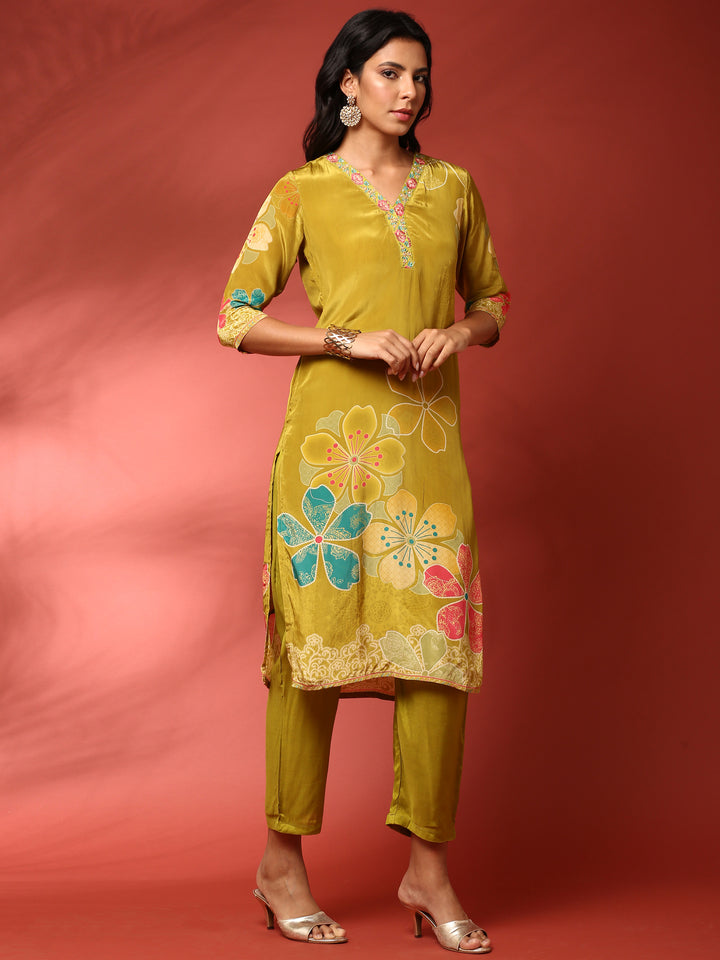 Mehendi green crepe three piece suit set