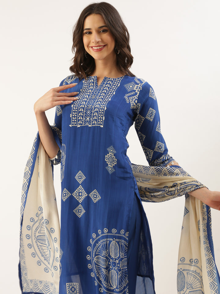 Blue Crepe Printed Three Piece Suit Set