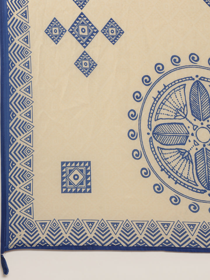 Blue Crepe Printed Three Piece Suit Set