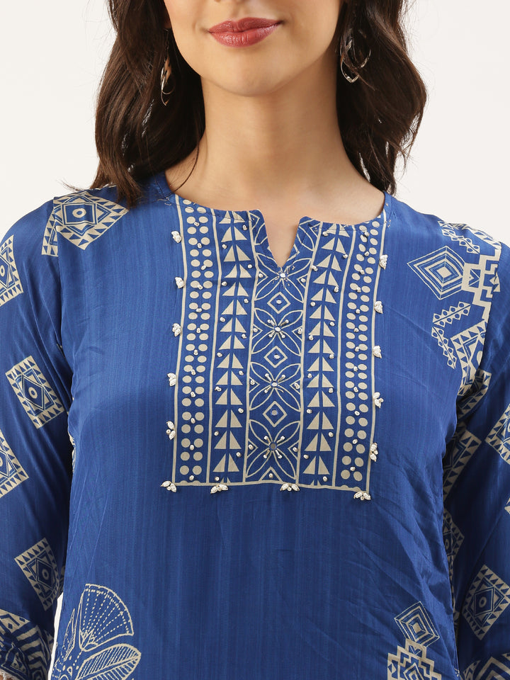 Blue Crepe Printed Three Piece Suit Set