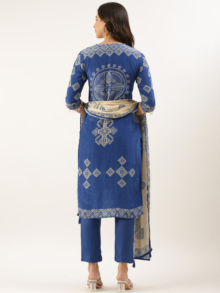 Blue Crepe Printed Three Piece Suit Set