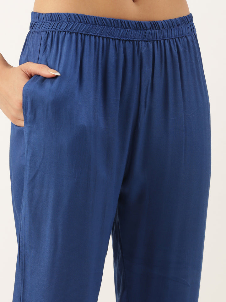 Blue Crepe Printed Three Piece Suit Set