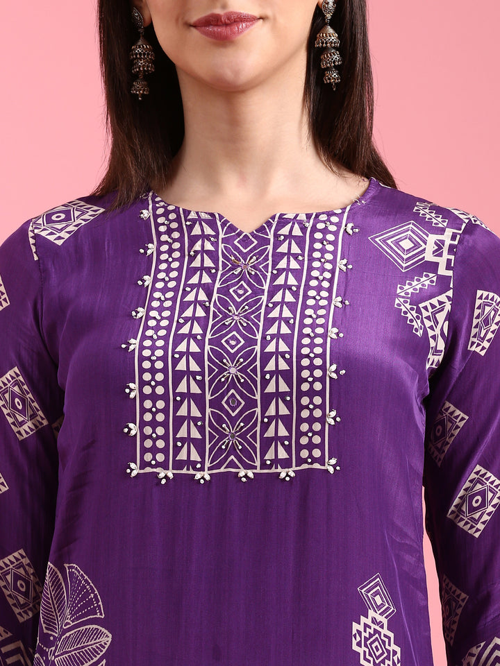 Purple Crepe Printed Three Piece Suit Set