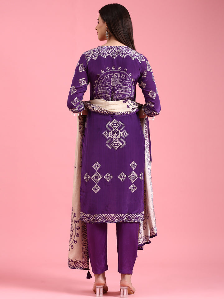 Purple Crepe Printed Three Piece Suit Set