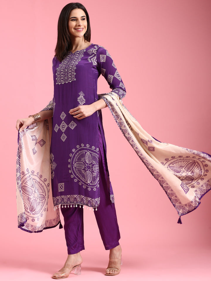 Purple Crepe Printed Three Piece Suit Set