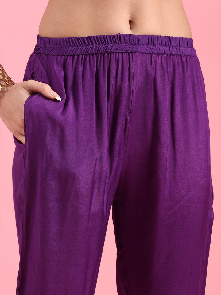 Purple Crepe Printed Three Piece Suit Set