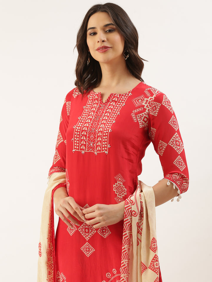 Red Crepe Printed Three Piece Suit Set