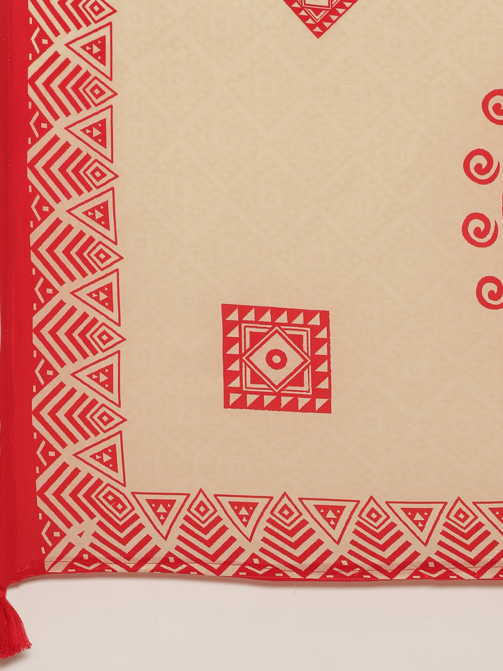 Red Crepe Printed Three Piece Suit Set