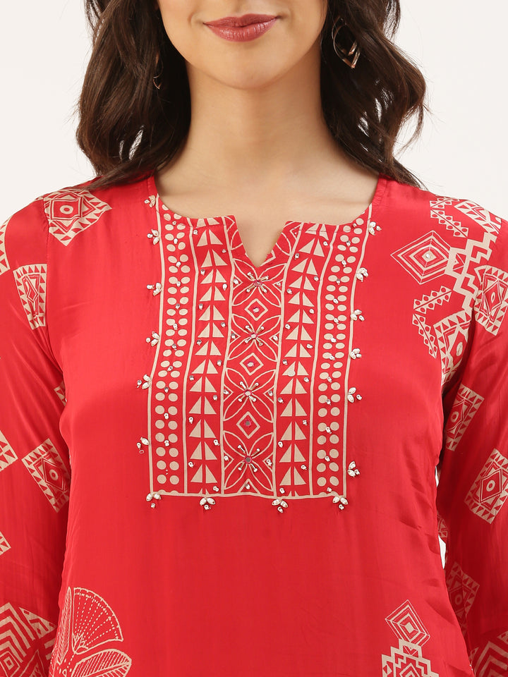 Red Crepe Printed Three Piece Suit Set