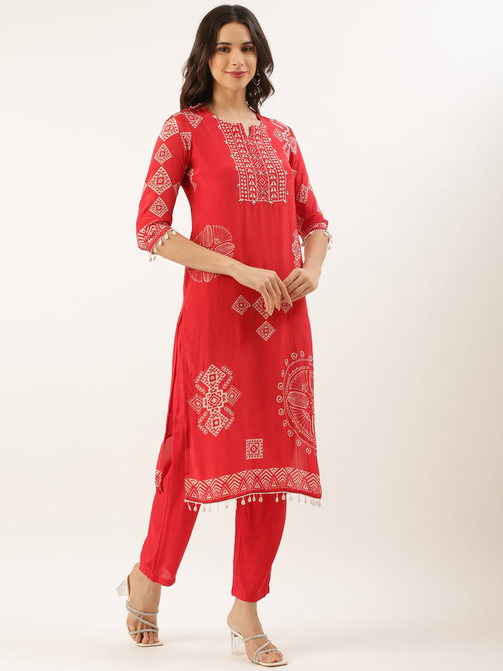 Red Crepe Printed Three Piece Suit Set
