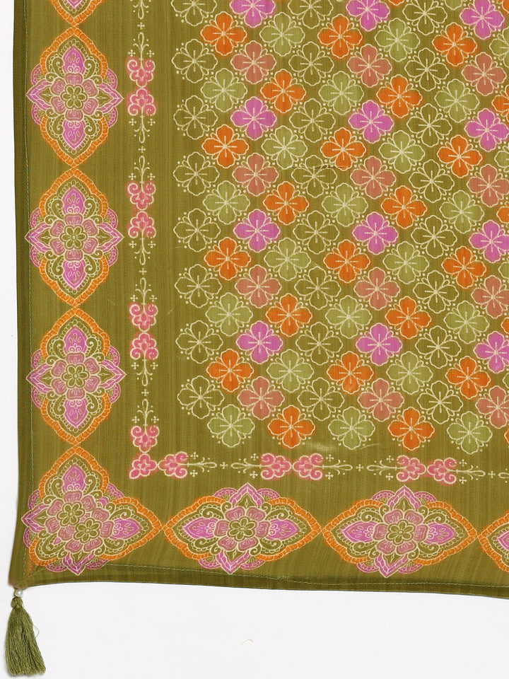 Green Crepe Printed Three Piece Suit Set