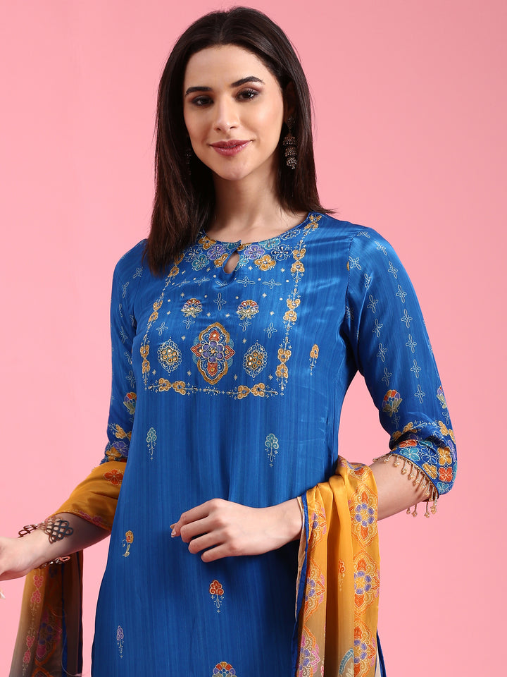 Royal Blue Crepe Printed Three Piece Suit Set