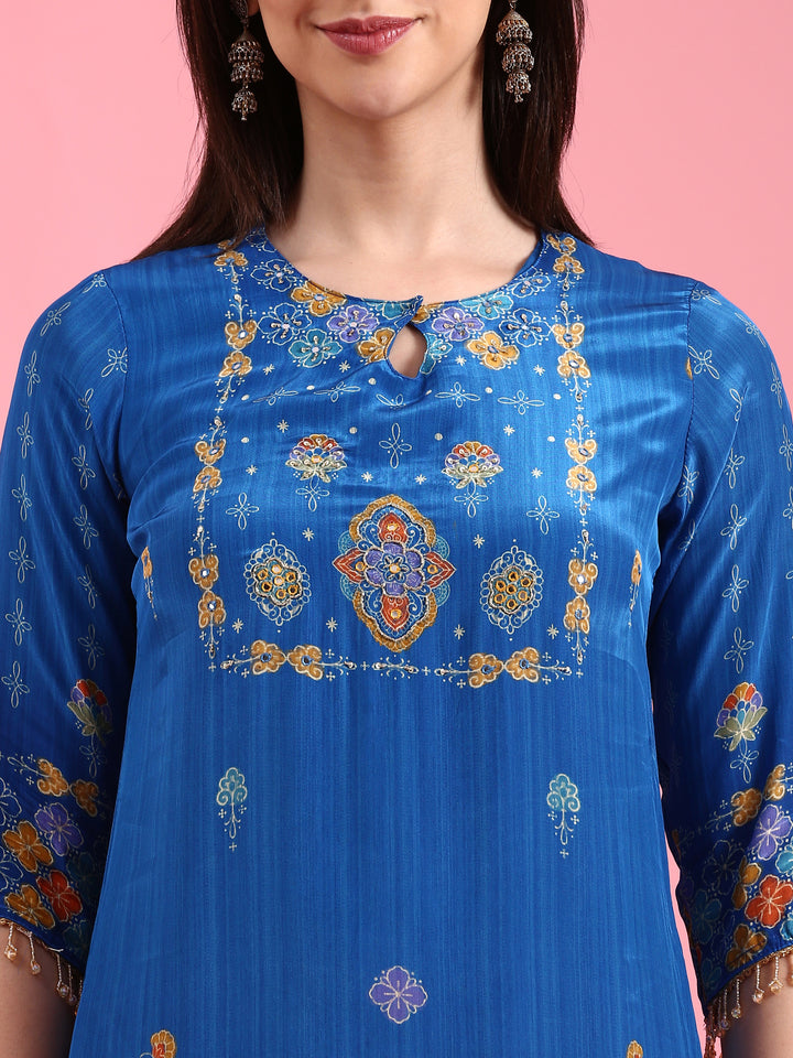 Royal Blue Crepe Printed Three Piece Suit Set