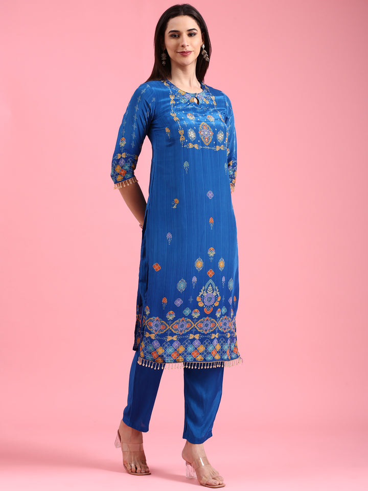 Royal Blue Crepe Printed Three Piece Suit Set