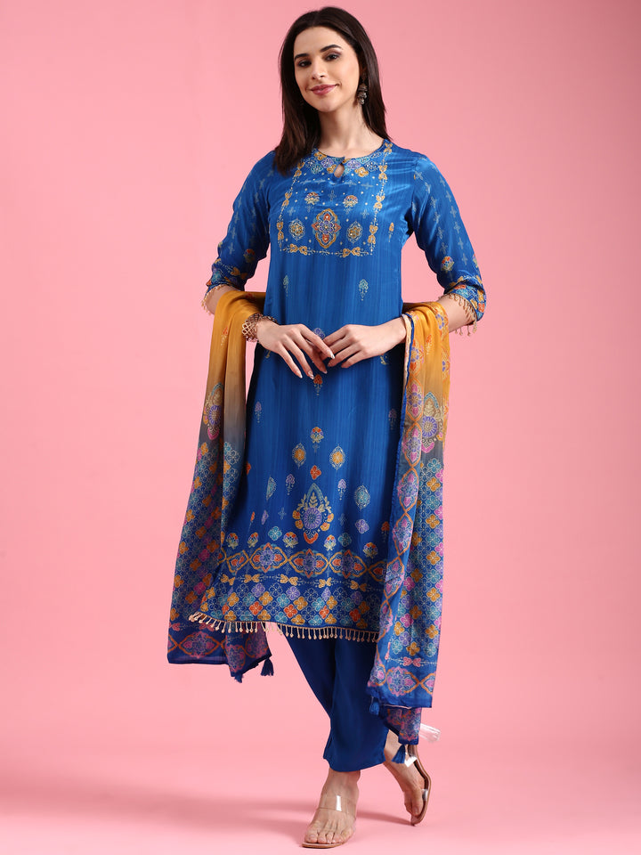 Royal Blue Crepe Printed Three Piece Suit Set