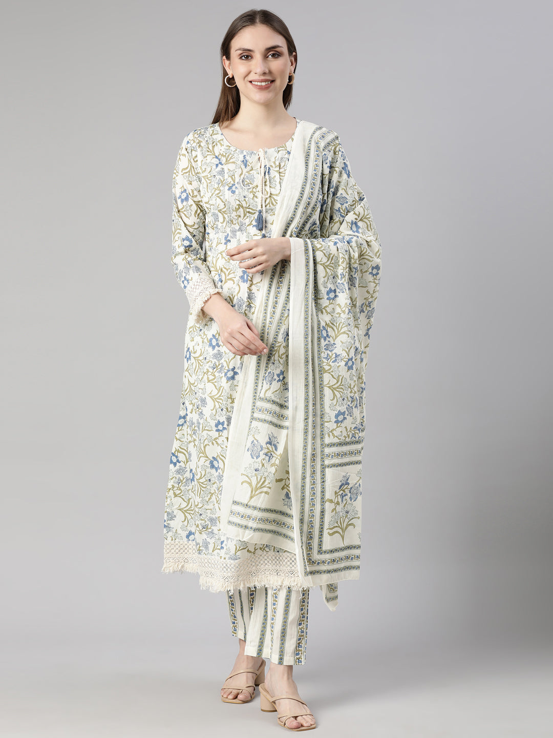 Neerus Green Regular Straight Floral Kurta And  Trousers With Dupatta