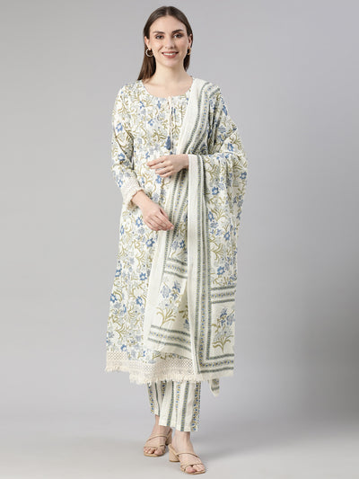 Neerus Green Regular Straight Floral Kurta And  Trousers With Dupatta