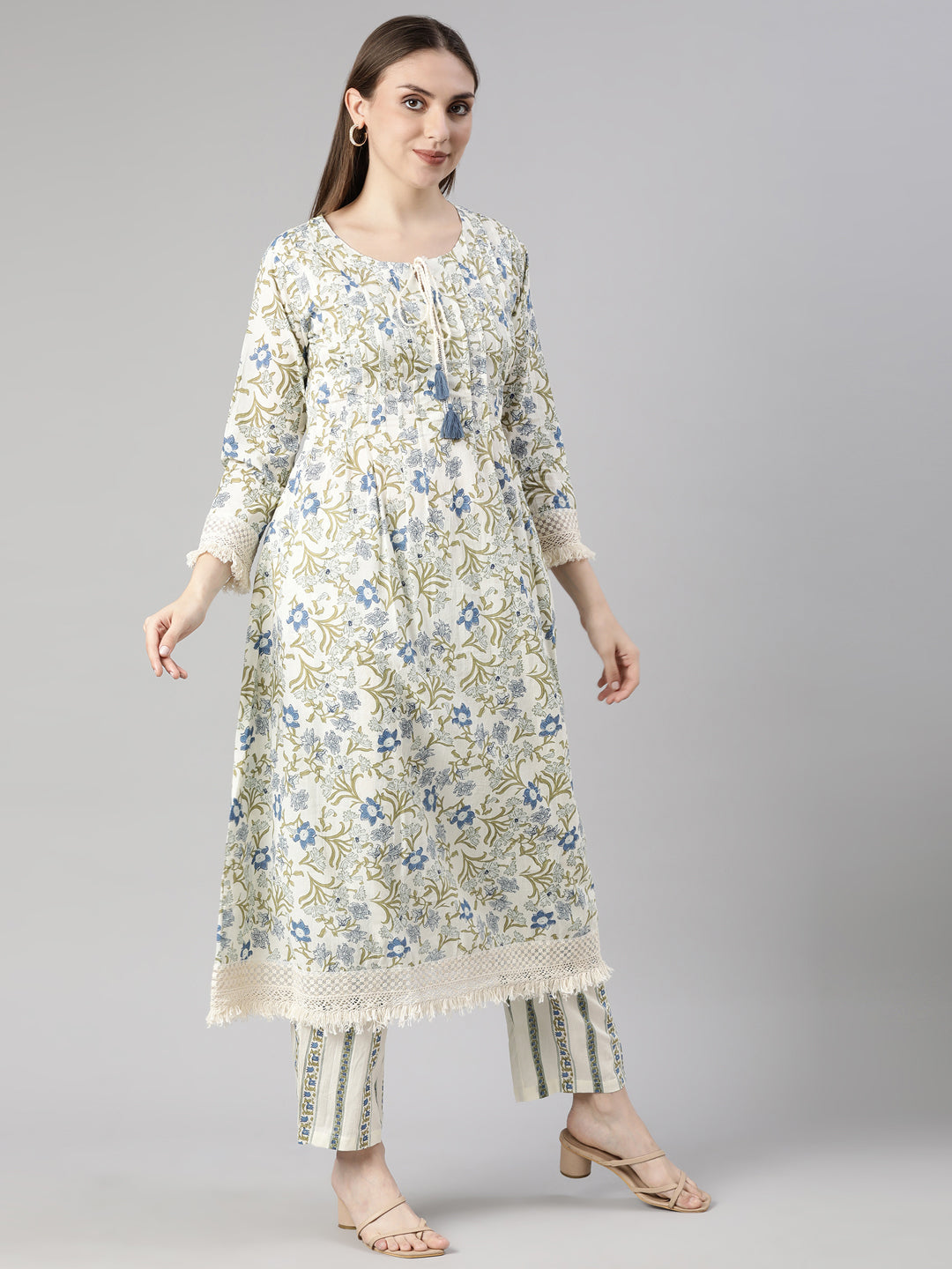 Neerus Green Regular Straight Floral Kurta And  Trousers With Dupatta
