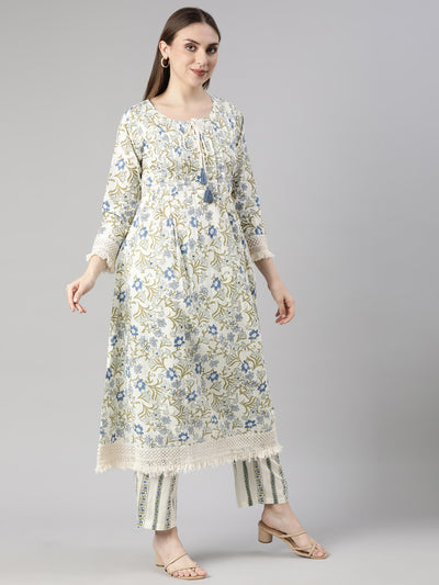 Neerus Green Regular Straight Floral Kurta And  Trousers With Dupatta
