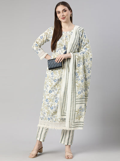Neerus Green Regular Straight Floral Kurta And  Trousers With Dupatta