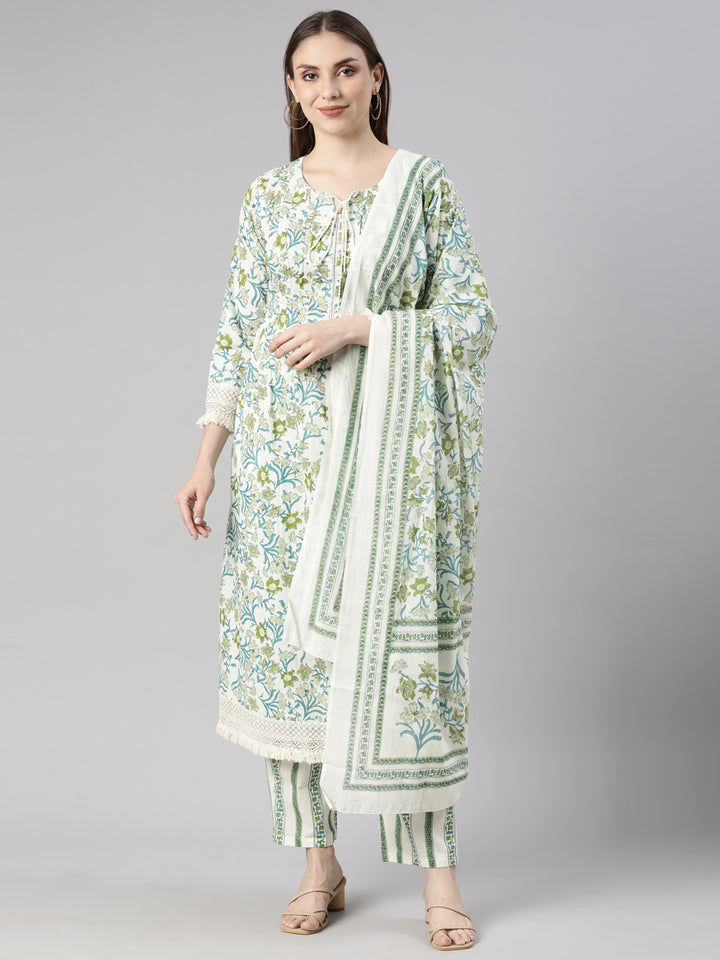 Neerus Green Regular Straight Floral Kurta And  Trousers With Dupatta