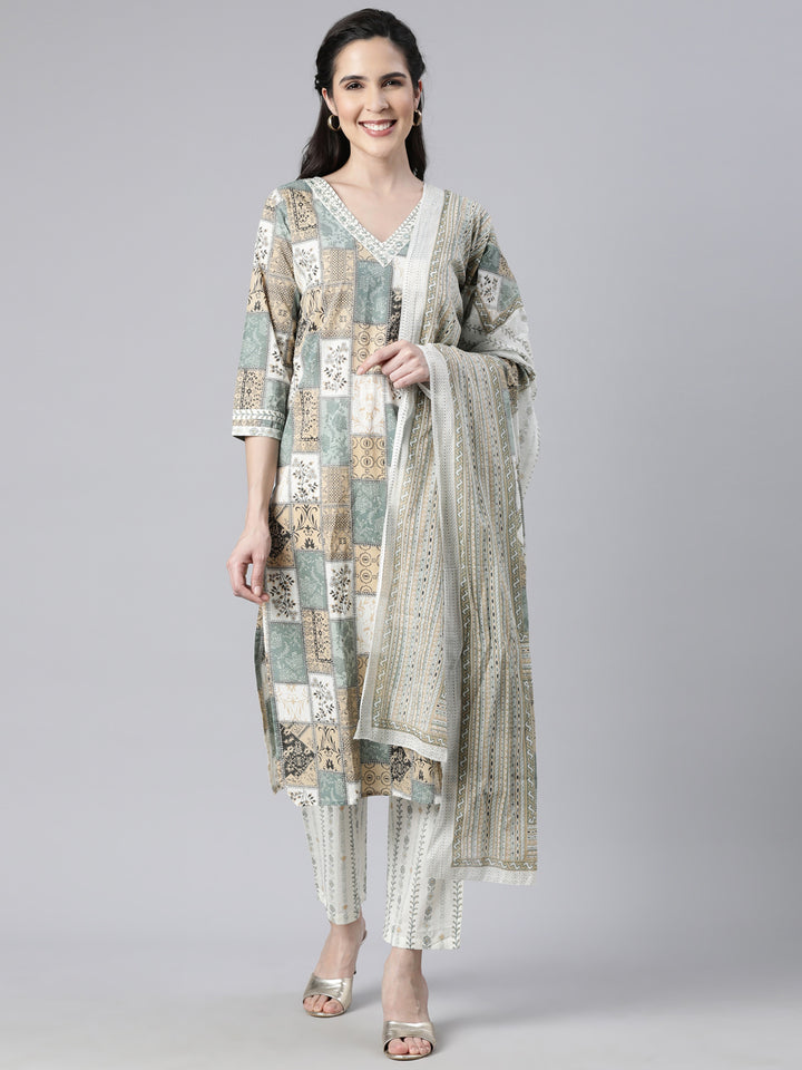 Neerus Beige Panelled Straight Colourblocked Kurta And  Trousers With Dupatta