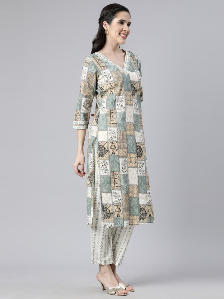 Neerus Beige Panelled Straight Colourblocked Kurta And  Trousers With Dupatta