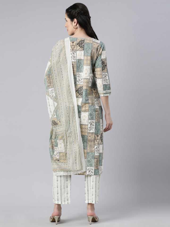 Neerus Beige Panelled Straight Colourblocked Kurta And  Trousers With Dupatta