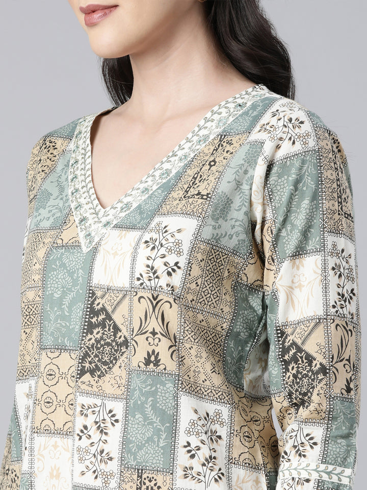 Neerus Beige Panelled Straight Colourblocked Kurta And  Trousers With Dupatta