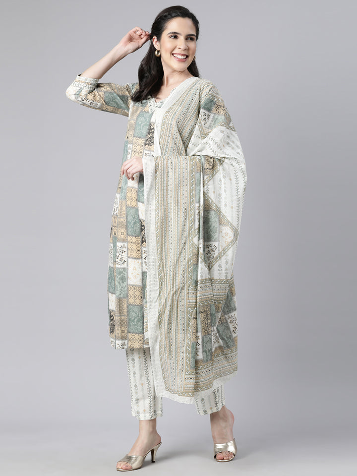 Neerus Beige Panelled Straight Colourblocked Kurta And  Trousers With Dupatta