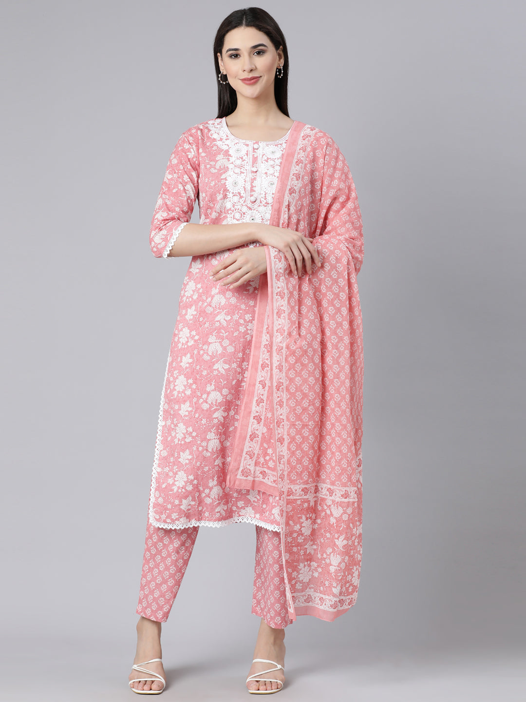 Neerus Pink cotton printed suit set - front view