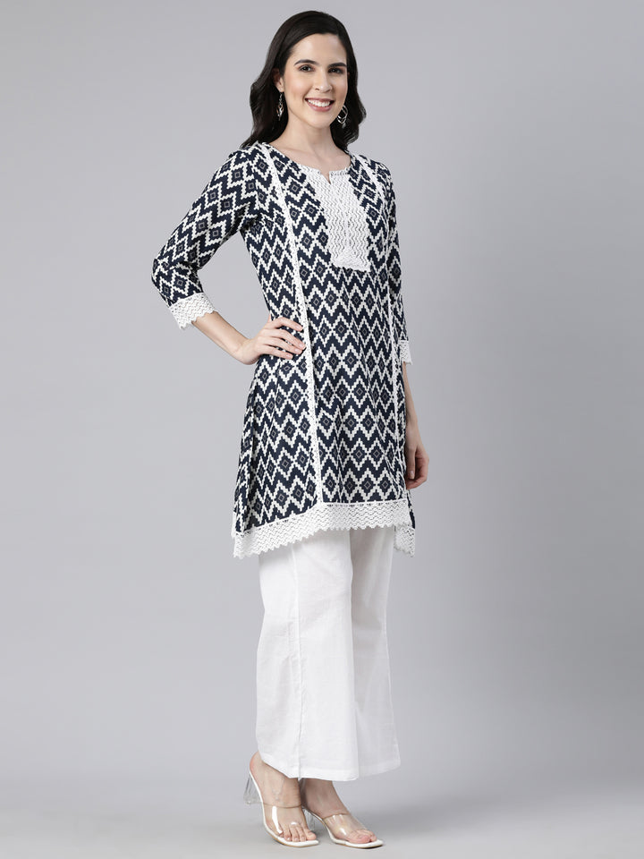 Neerus Black Regular Straight Chevron Kurti And  Palazzos With Dupatta